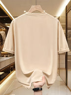 Handwritten Style Letter A Print T-Shirt, Minimalist Line Short Sleeve - Apricot