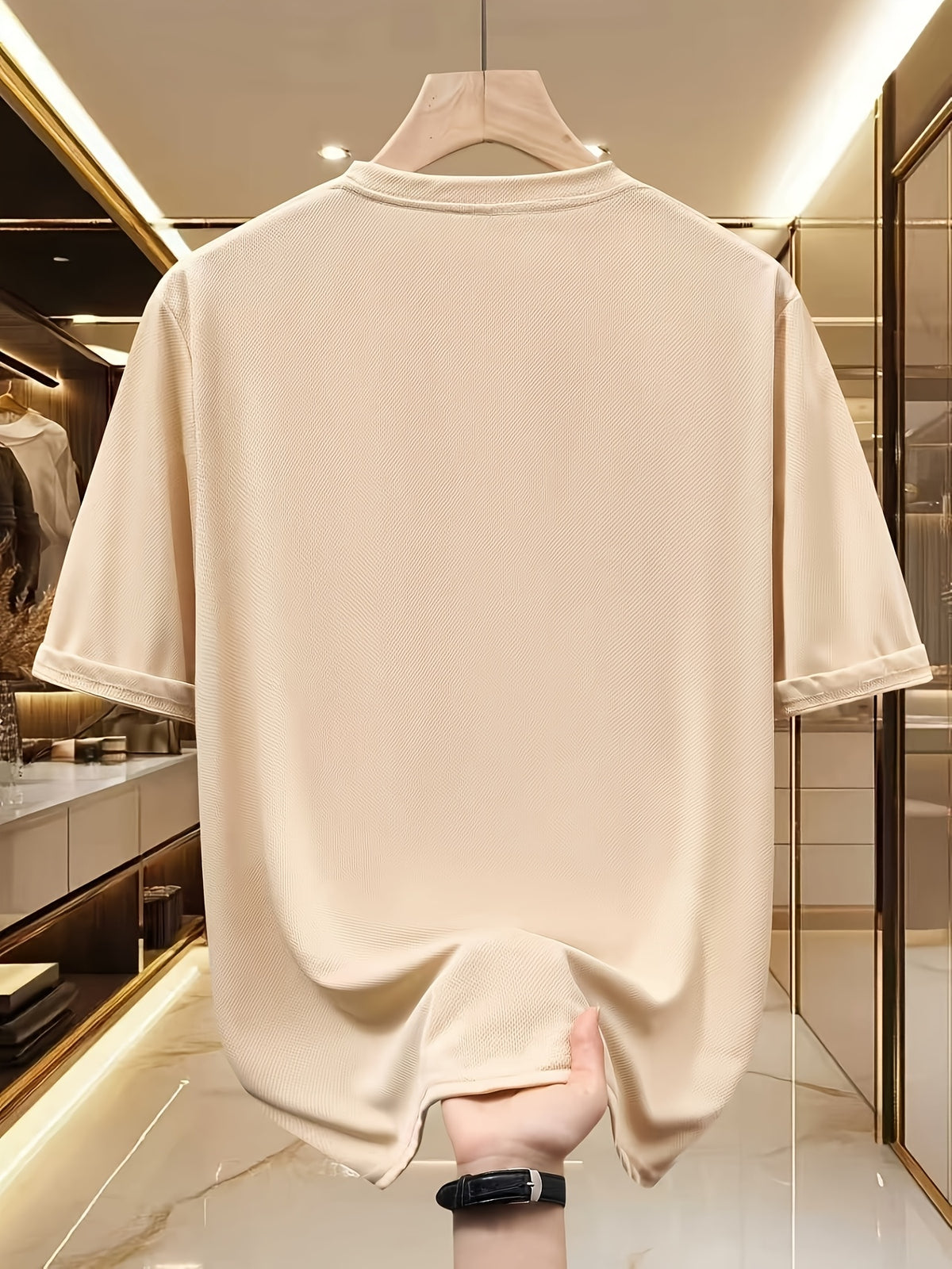 Handwritten Style Letter A Print T-Shirt, Minimalist Line Short Sleeve - Apricot