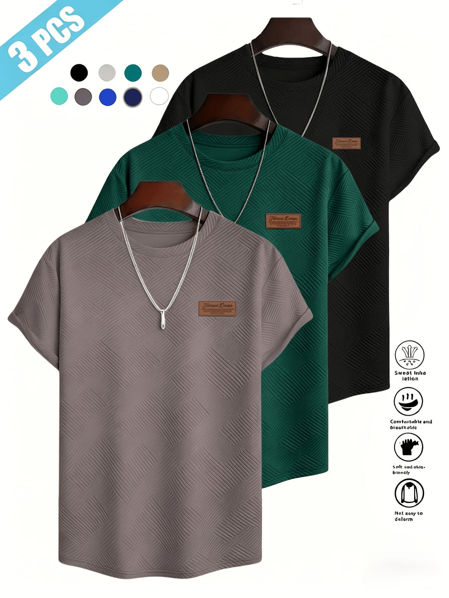 [Villa Le Water OBM] 3pcs Set Men'S Summer Fashion Round Neck T-Shirt, 3D Geometric Pattern Men'S Top, Comfortable And Versatile Short Sleeve, Suitable for Outdoor Street, Daily Casual, Outdoor Sports - Gray Coffee + Dark Green + Black