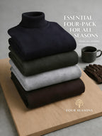 Four Seasons Luxury High-Neck Knit 4pcs Set. Crafted from Skin-friendly Knitted Fabric with a Delicate Texture That Emits a Soft, High-end Glow. The Soft, Smooth Feel Offers Unrestricted Comfort Against the Skin. The Classic High-neck Design Provides - Coffee + Light Gray + Green + Navy Blue