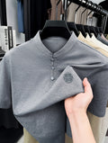 Men's Chinese Mandarin Button-Up Stand Collar T-Shirt - Breathable Loose Fit Short Sleeve Round Neck Top with Mandarin Collar, Suitable for Casual Wear, Traditional Chinese Style Button Collar Shirt - Grey