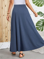 Elegant High-waisted Skirt with Faux Drawstring - Solid Color - Sea Blue