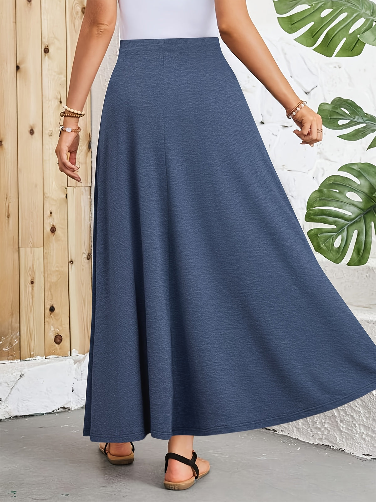 Elegant High-waisted Skirt with Faux Drawstring - Solid Color - Sea Blue