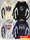 4pcs Men's Pullover Hoodie Set, Featuring Diagonal Contrast Stripes on the Sleeves, Trendy Street Style, Suitable for Autumn and Winter Wear, Hooded Design for Warmth and Comfort, Includes Drawstrings and Kangaroo Pocket for Easy Phone Storage - Apricot + Navy Blue + Gray + Black