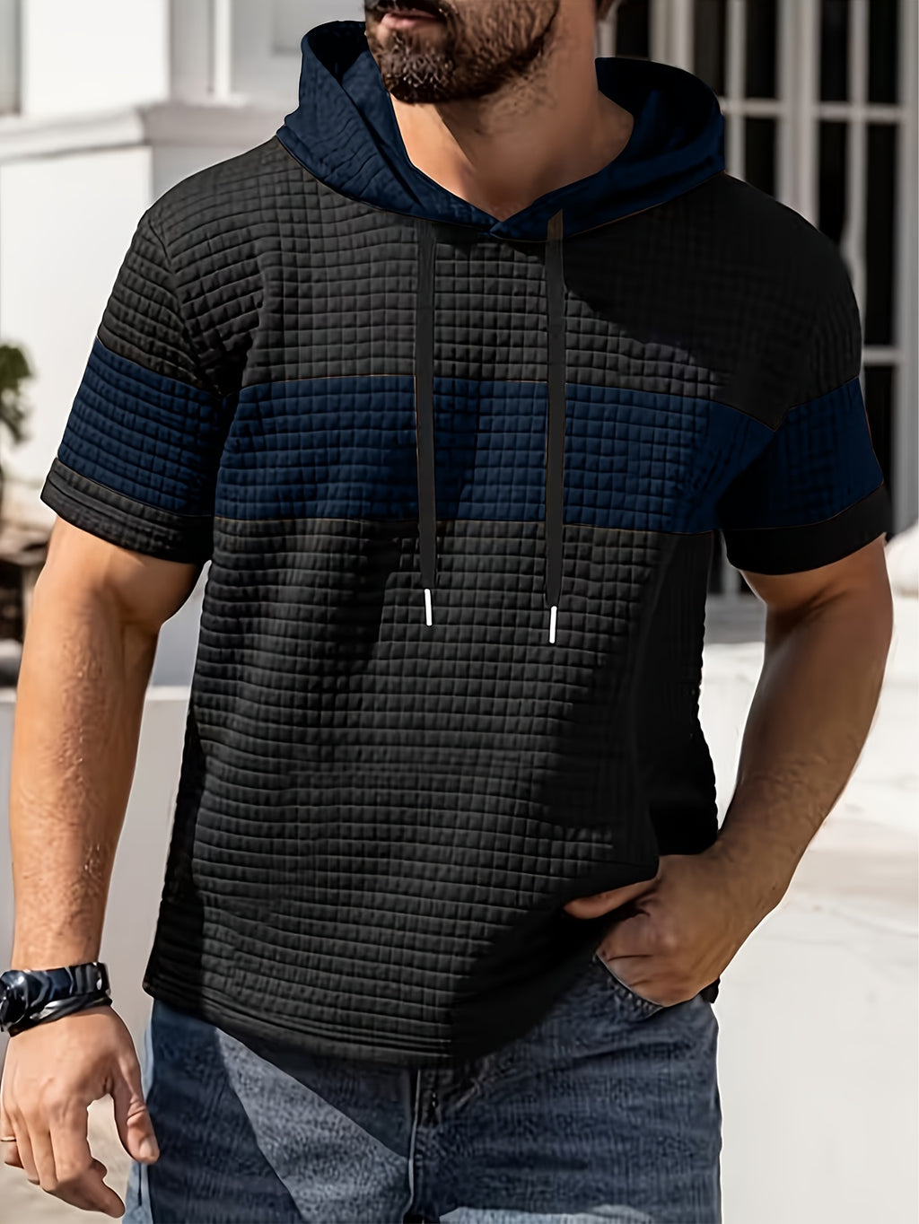 Men'S Summer Essential Hooded Short Sleeve T-Shirt, Casual Loose Fit, Breathable And Wrinkle-Resistant Fabric, Durable And Non-Deformable, Drawstring Hood Design, Arched Hem for Body Shaping, Statement Color Block for Trendy Appeal - Deep Blue