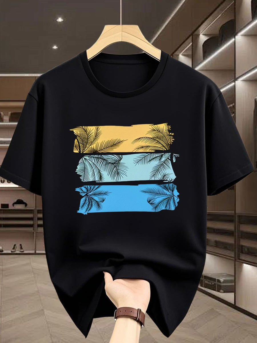 Men'S T-Shirt Featuring a Stylish Black Palm Tree Print, with a Unique Hand-Drawn Design in a Combination of Yellow, Blue, And Pink Colors - Black