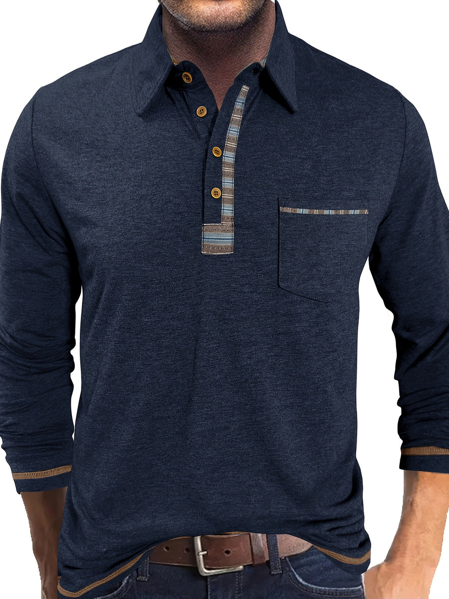 Men'S Retro Trendy Fashion Lapel Long Sleeve Polo Shirt, Casual Stylish Pocket Top T-Shirt - Navy Color