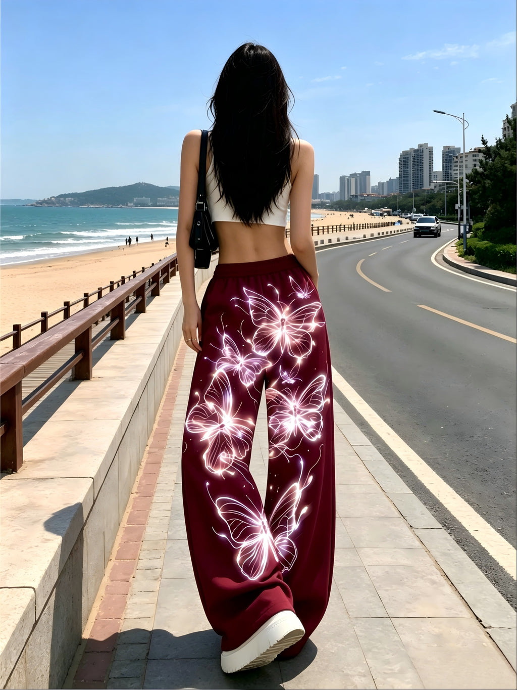Women's Neon Butterfly Glow-in-the-dark Pattern Jogging Pants with Pockets, Elastic Waistband, and Straight-leg Design - Burgundy