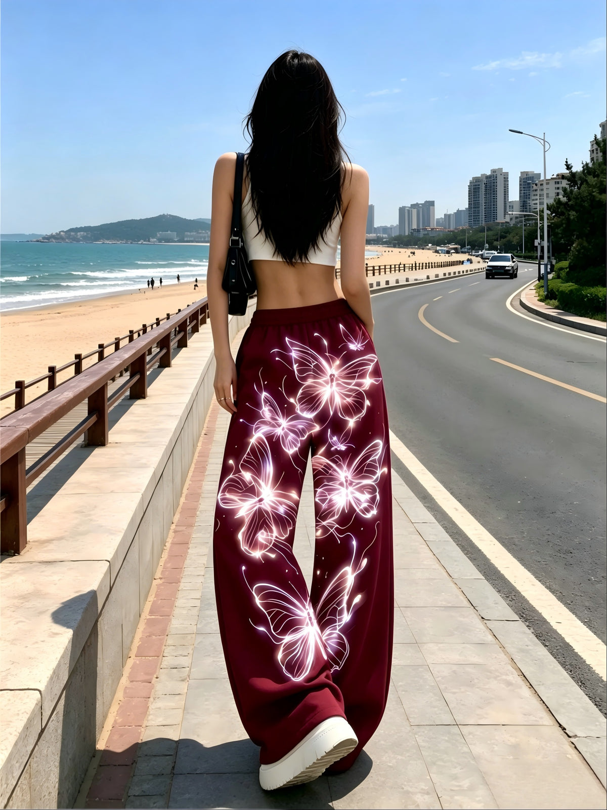 Women's Neon Butterfly Glow-in-the-dark Pattern Jogging Pants with Pockets, Elastic Waistband, and Straight-leg Design - Burgundy