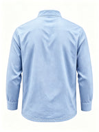 Men's Linen Long Sleeve Henley Shirt Stand Collar Loose Polo Shirt Men's Linen Zipper Casual Shirt - Light Blue