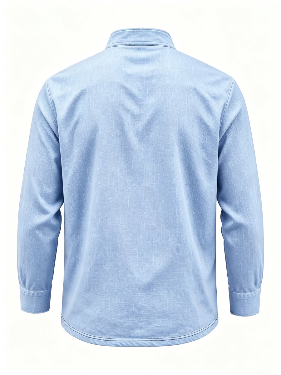 Men's Linen Long Sleeve Henley Shirt Stand Collar Loose Polo Shirt Men's Linen Zipper Casual Shirt - Light Blue
