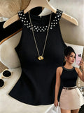 Women'S Tank Top And Camisole, French Summer Sexy Fitted Round Neck with Beading - Black
