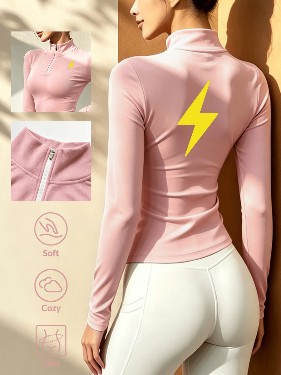 Women'S Solid Color Half-Zipper Long Sleeve Top, Waist-Cinching Warm T-Shirt - pink