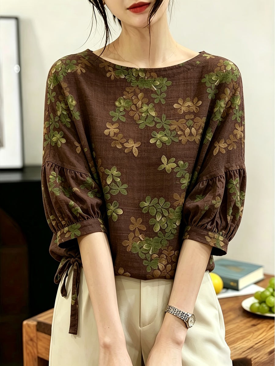 Vintage Forest-Style Floral and Botanical Print Blouse with Crew Neck, Lantern Sleeves, Side Drawstrings, Loose Fit, Effect, Five-Quarter Sleeves for Casual Outings - Coffee Color