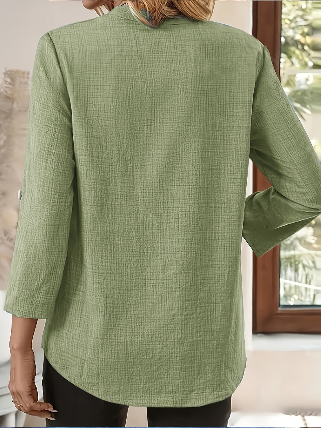 Women'S V-Neck Short Sleeve Shirt, Universal Casual Blouse Top - Matcha Color