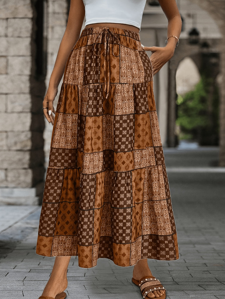 Women's Vintage Style Printed Drawstring Waist Ruffle Simple Everyday A-Line Skirt, Suitable for All Seasons: Spring, Summer, Autumn, Winter - Coffee Color
