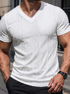 Western Style Men'S Solid V-Neck Short Sleeve T-Shirt, 3D Cable Knit Jacquard Fabric Slim Fit Trendy Men'S Tee - White