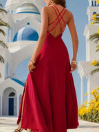 Solid Color High Slit Cross Suspender Dress LL169 - Red