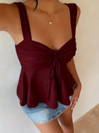 Women's Casual Drawstring Front Tie Camisole, Women's Outerwear Top, Vacation, Cute Top - Burgundy