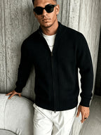 Men'S Solid Color Long Sleeve Open Collar Double Head Zip Cardigan, Casual All-Match - Black