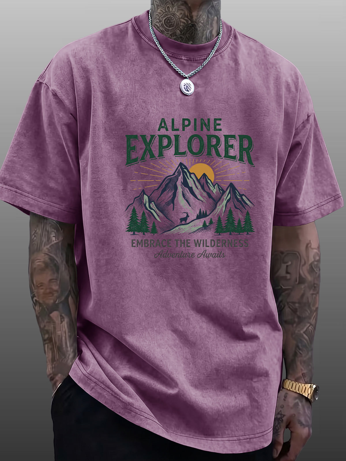 Short Sleeve T-Shirt Men'S Pure Loose Washed Distressed Top Mountain Adventure Forest Sunset Pattern Trendy Reversible Double-Sided Print Multicolor Casual American Street High Street Hip-Hop Style Daily Outing Commute Fitness Couple Style Y2K Natio - Purple