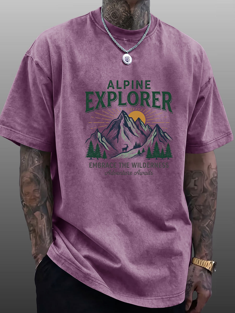 Short Sleeve T-Shirt Men'S Pure Loose Washed Distressed Top Mountain Adventure Forest Sunset Pattern Trendy Reversible Double-Sided Print Multicolor Casual American Street High Street Hip-Hop Style Daily Outing Commute Fitness Couple Style Y2K Natio - Purple