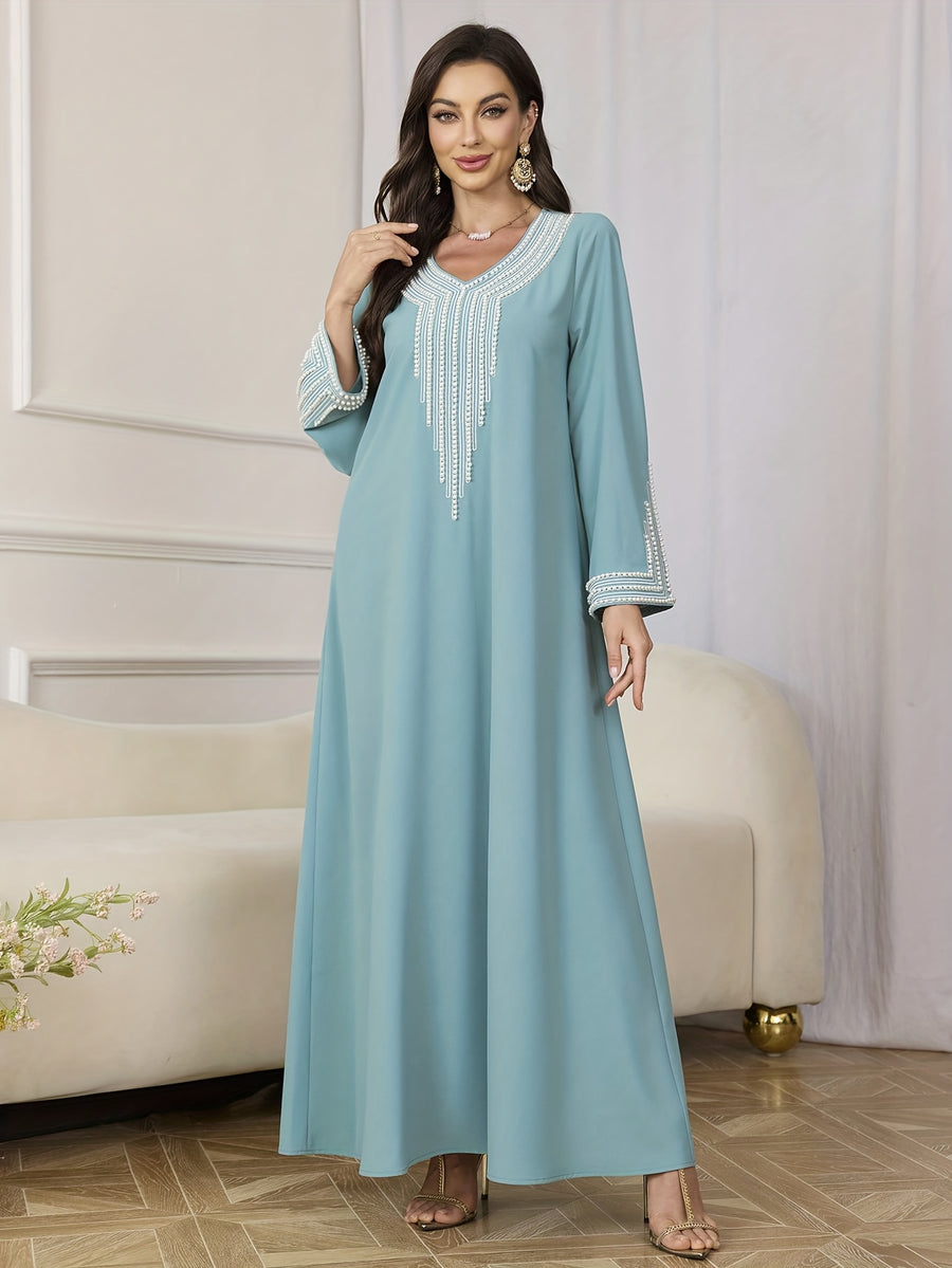Najma Ladies' Loose Embroidered & Studded Long Robe for Festivals, Modest KaftanLadies' Loose Embroidered & Studded Long Robe for Festivals, Modest Kaftan - Light Blue