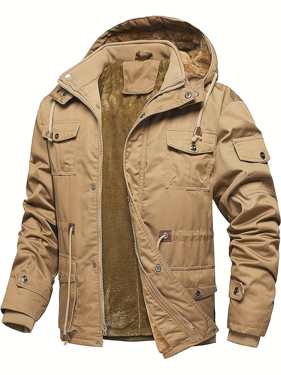Men'S Fleece-Lined Thickened Jacket, Multi-Pocket Design, 100% Casual Outdoor Coat, Stand-Up Collar And Button Closure, Suitable for Autumn And Winter - Khaki