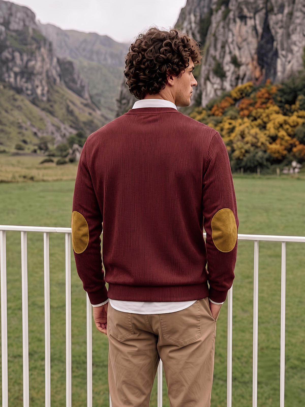 Men'S Corduroy Long-Sleeve Crew-Neck Pullover Leisure Work Outdoor Daily Wear Faux Collar Elbow Patches Design Loose Regular Fit Suitable for Spring, Autumn, And Winter Four Seasons Solid Color Minimalist Tone - Burgundy