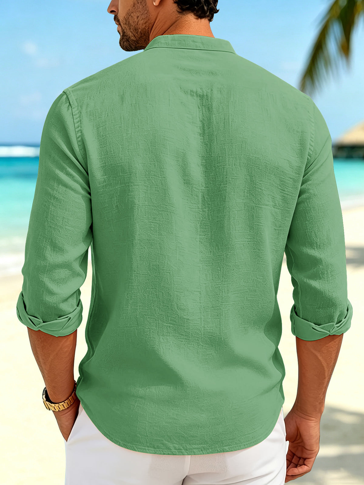 Men'S New Fashion Stand-Up Collar Long Sleeve Shirt, Lightweight Linen-Like Comfortable Fabric, Laborer Print Pattern, Suitable for Daily Commute Outdoor, Beach Vacation And Multi-Scene Wear Casual Shirt, Regular Fit Non-Picky Body Shape - Green
