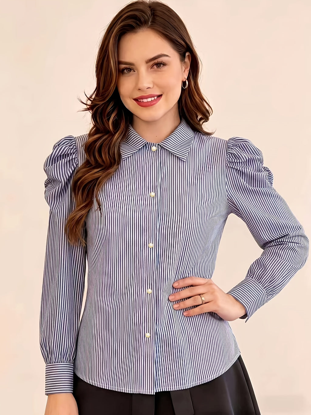 Extended Version: Women's Striped Long-Sleeve Business Shirt, Elegant Commuter Blouse with Front Button Design, Office Workwear - Blue Stripes