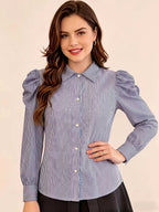Extended Version: Women's Striped Long-Sleeve Business Shirt, Elegant Commuter Blouse with Front Button Design, Office Workwear - Blue Stripes