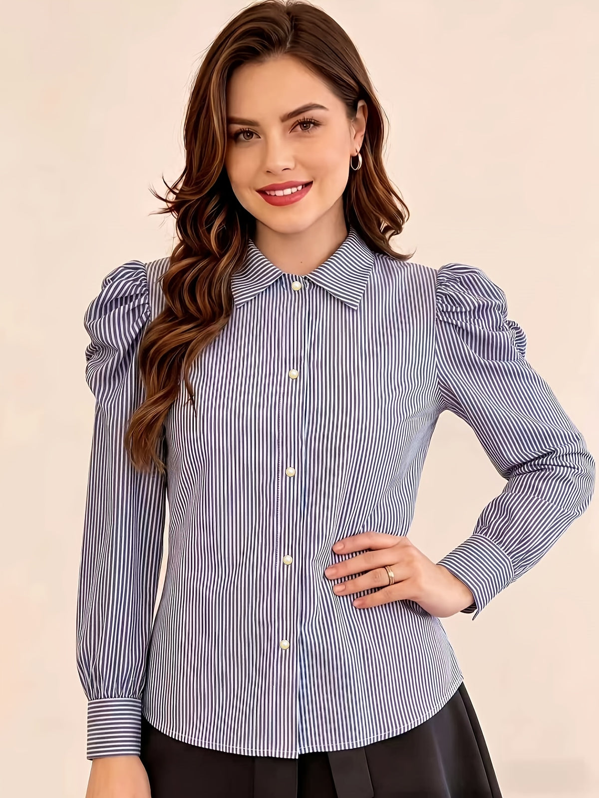 Extended Version: Women's Striped Long-Sleeve Business Shirt, Elegant Commuter Blouse with Front Button Design, Office Workwear - Blue Stripes