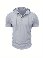 A Single Piece Men'S Casual Hooded Henley Shirt, Lightweight Sports T-Shirt for Summer That Wicks Moisture And Is Breathable, Featuring a Solid Color, Short Sleeves, Button Details at The Neckline, Adjustable Drawstrings for The Hood, Regular Fit - Light Grey