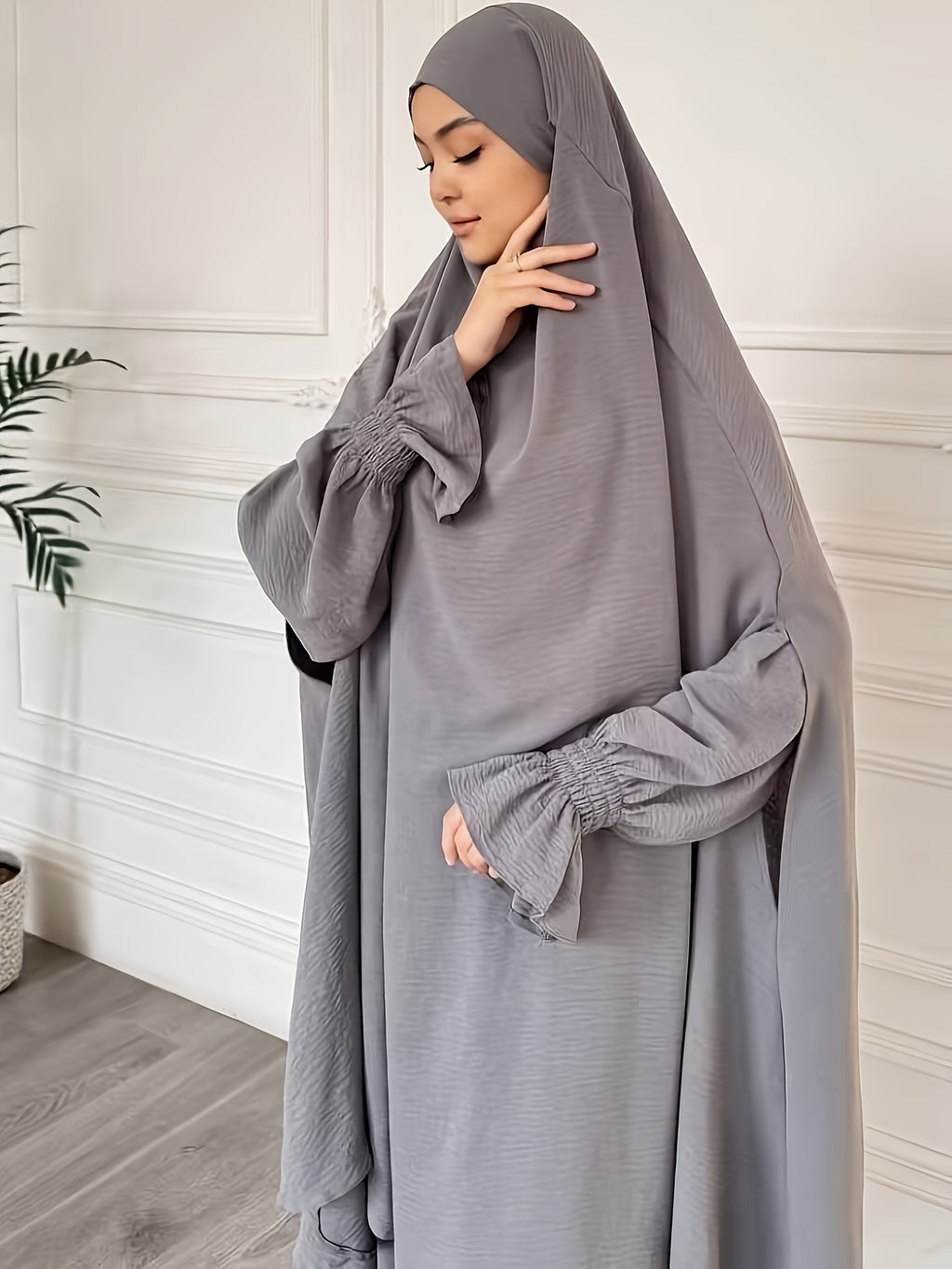 Abaya Middle Eastern Islamic Clothing Loose Comfortable Robe Headscarf with Long Sleeve Dress Two-Piece Set P403 - Space Gray