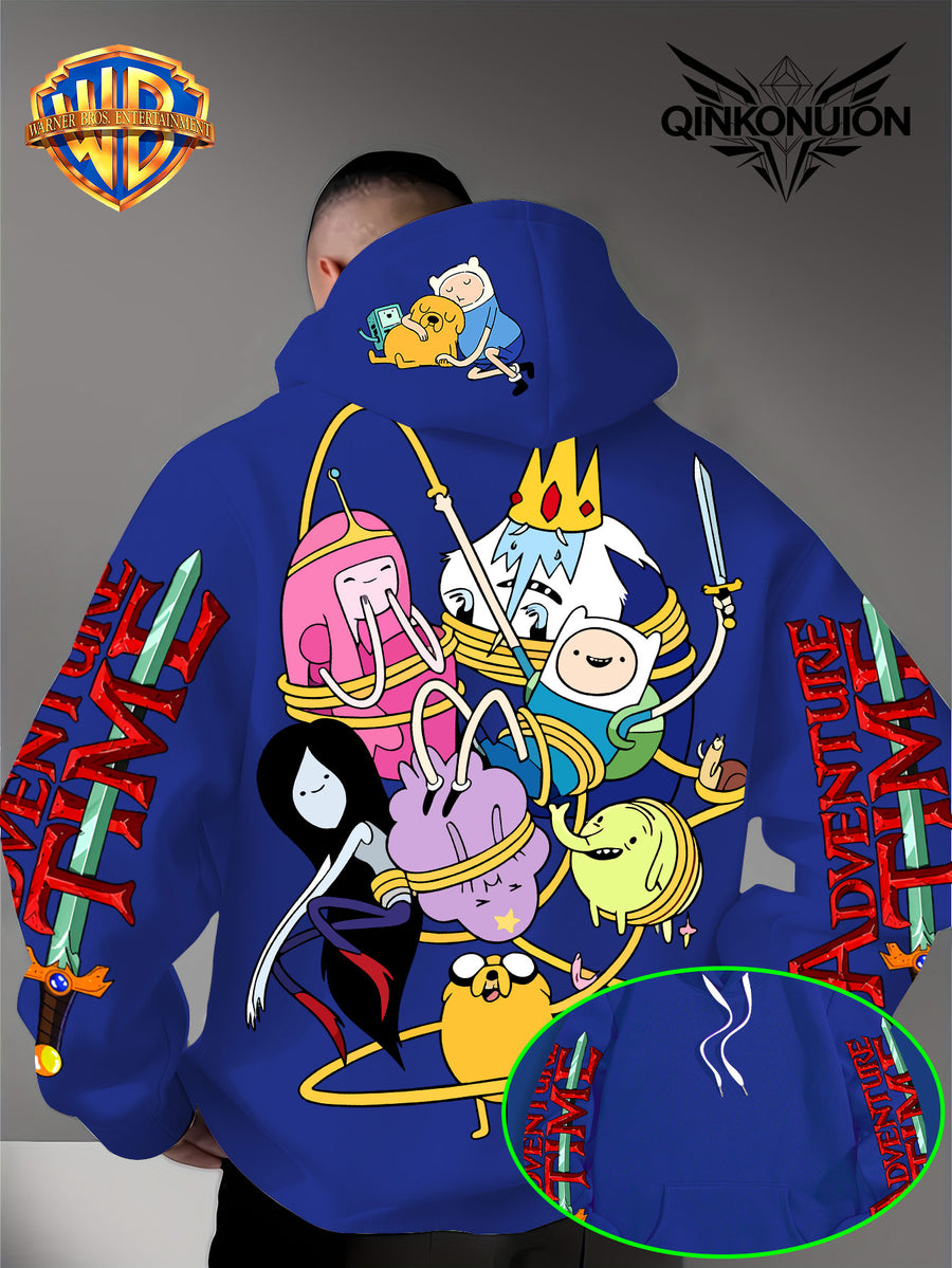 Warner Official Men's Hooded Sweatshirt, Adventure Treasure Rope Wrapped Character Group Cartoon Print Design, Machine Washable, Warm and Casual for Autumn and Winter, Daily Drawstring Hooded Sweatshirt, Multifunctional Sports and Casual Loose Fit - Blue