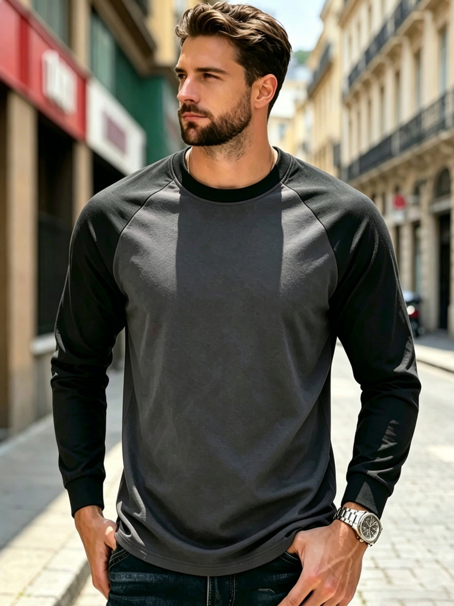 Men'S T-Shirt Casual New Daily Color-Block Long Sleeve Breathable Skin-Friendly Non-Sweaty Drop Shoulder Cut Visual Body Shaping Super Friendly Retro Contrast Design with Premium Aura Suitable for Sports Casual Daily Commuting Outdoor Activities Cas - Black+Dark Grey