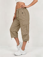Women'S Quick-Dry Cargo Capri Pants with Elastic Waist And Drawstring - Lightweight Stretch Suitable for Outdoor Pants, Multi-Trousers, Machine Washable Loose-Fit Mid-Length for Travel, Casual Attire - Linen