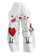 Cute Cartoon Couple And Hearts Print Wide Leg Pants Women'S Romantic Casual Fashion Trousers - White