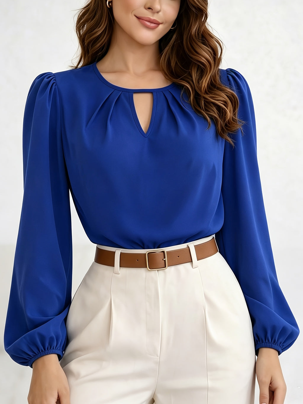 Princess Sleeve Loose Top 2026 Summer New Arrival Women's Versatile Top, Hollow V-Neck Long Sleeve Women's Shirt, French-Style Vintage Puff Sleeve Blouse, Maillard Style Versatile Elegant Top, French-Style Vintage Style, Maillard Casual Style - Royal blue color