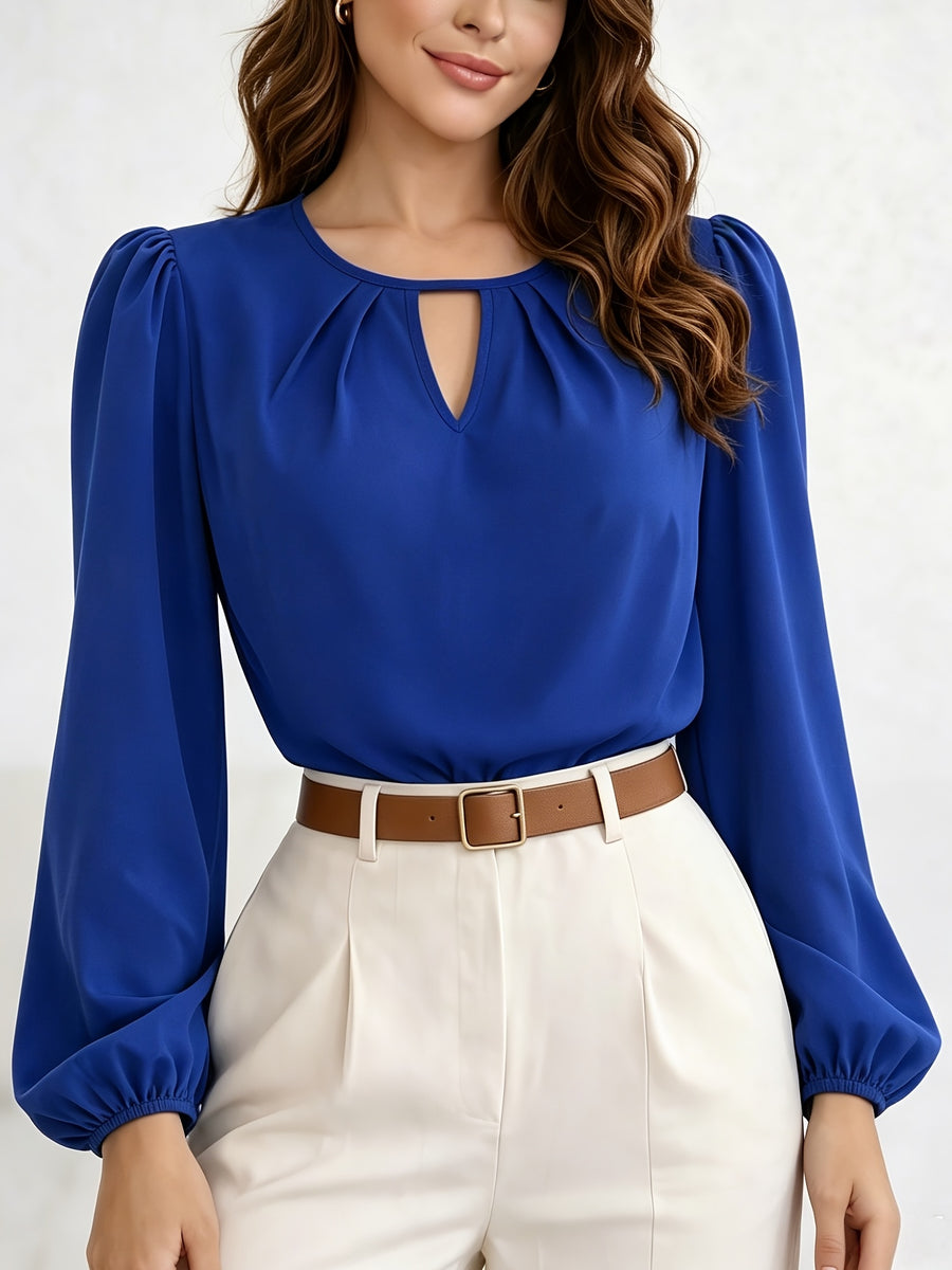 Princess Sleeve Loose Top 2026 Summer New Arrival Women's Versatile Top, Hollow V-Neck Long Sleeve Women's Shirt, French-Style Vintage Puff Sleeve Blouse, Maillard Style Versatile Elegant Top, French-Style Vintage Style, Maillard Casual Style - Royal blue color