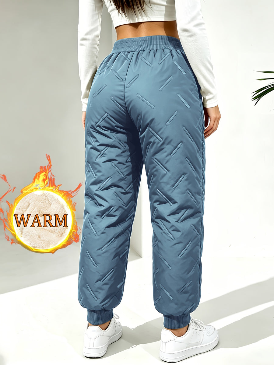 Hidkat Women's Winter Thermal Trousers - -Lined Thickened Pants with Soundwave Technology Embossed Fabric, Zipper Pockets & Adjustable Waist, Cuffed Tapered Trousers Suitable for Outdoor Casual Wear, Gift Exchange (Hand Washable) - Fog Blue