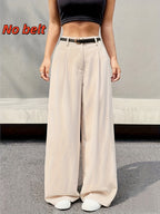 High-Waist Straight-Leg Pants - Women's Wide-Leg Trousers - Solid Color Elegant Commuter Pants, Suitable for Work and Casual Wear, All-Season, Machine Washable, Belt Not Included - Apricot
