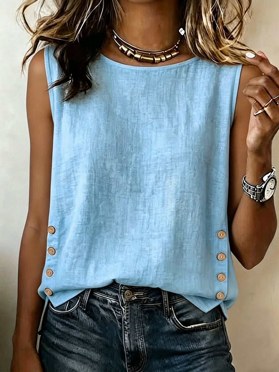 Summer Minimalist Style Round Neck Side-Button Versatile Sleeveless Shirt - Light Blue