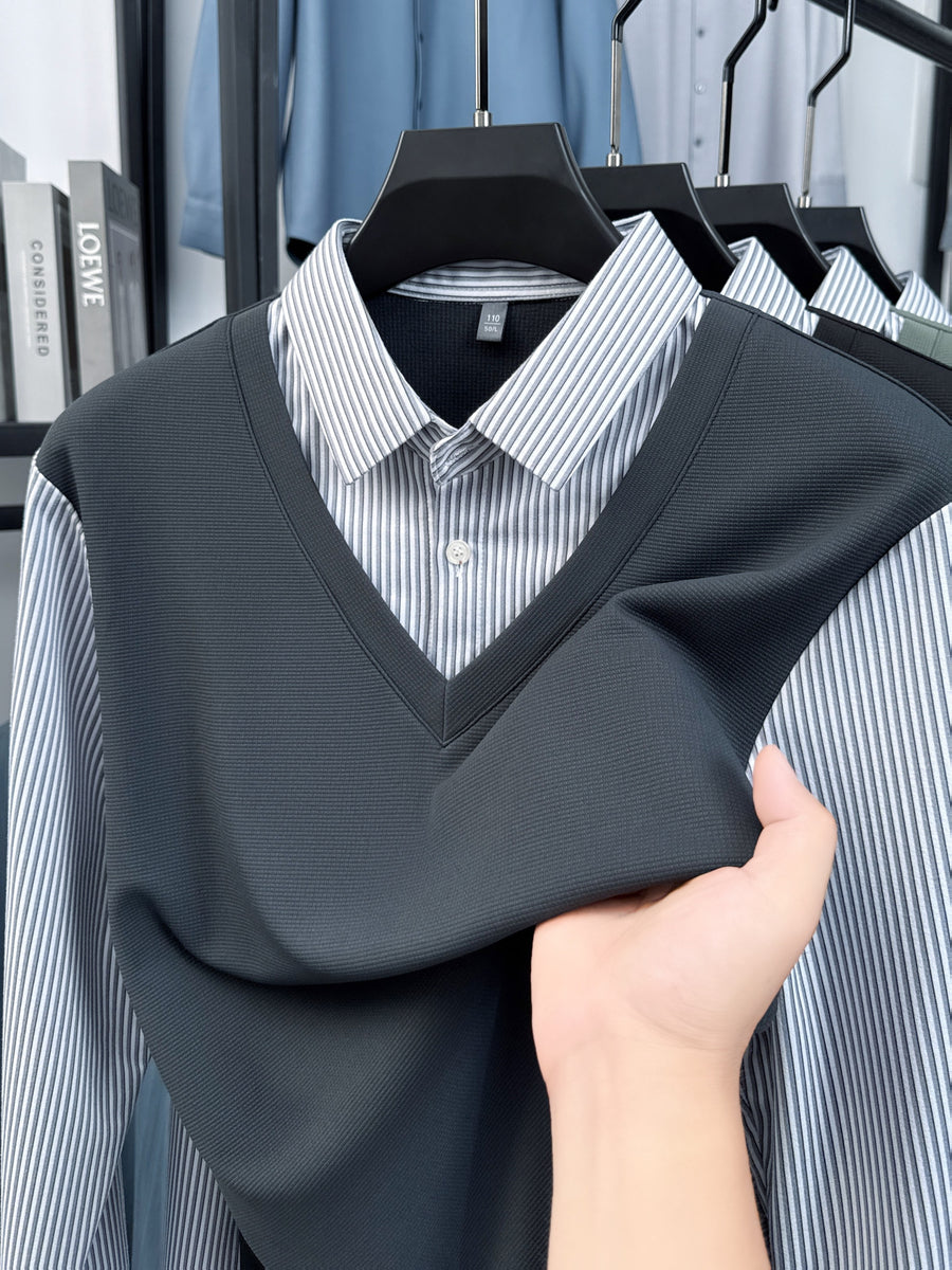 Men's Stretch 2-in-1 Look Polo Long Sleeve Shirt, Striped Shirt Collar Patchwork Polo Top, Smooth, Fine, and Skin-Friendly Fabric, Business Commute, Business Trip, and Travel Top, Loose and Casual Men's Clothing for Daily Wear and Home - Dark Gray