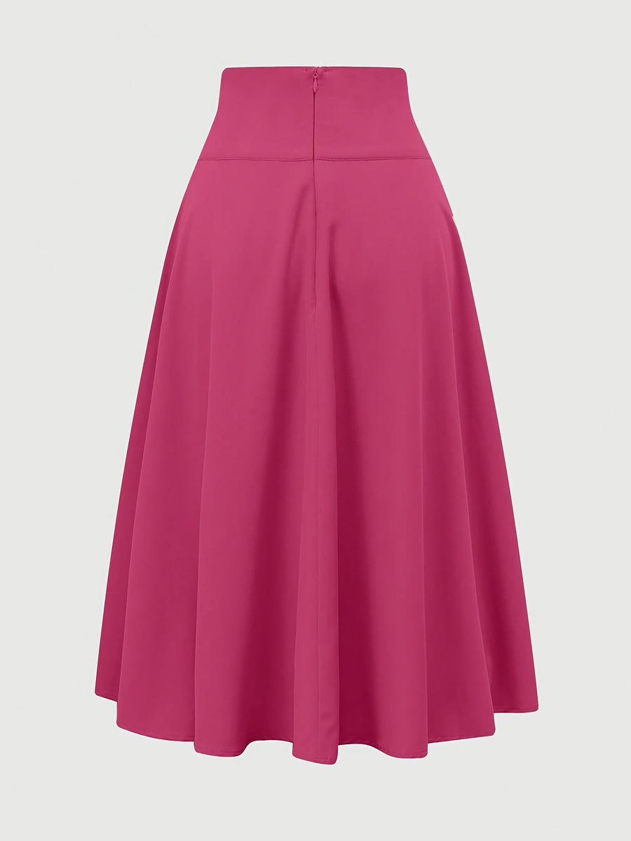 Elegant High-Waisted -Line Bell Skirt with Tie-Waist & Zipper Closure - Solid Color Flared Skirt Suitable for Daily Wear, Weddings, Parties, Spring Summer Fall Outfits, Machine Washable Non-Stretch Skirt - Rose Red