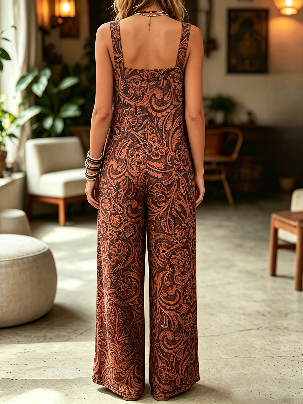 Women'S Summer Vintage Paisley Floral Print Square Neck Thin Strap Wide Leg Jumpsuit, Loose Fit with Pockets Bohemian One-Piece, Casual Vacation Style Long Length Overalls, Countryside Outing Lazy Outfit - Dark Brown