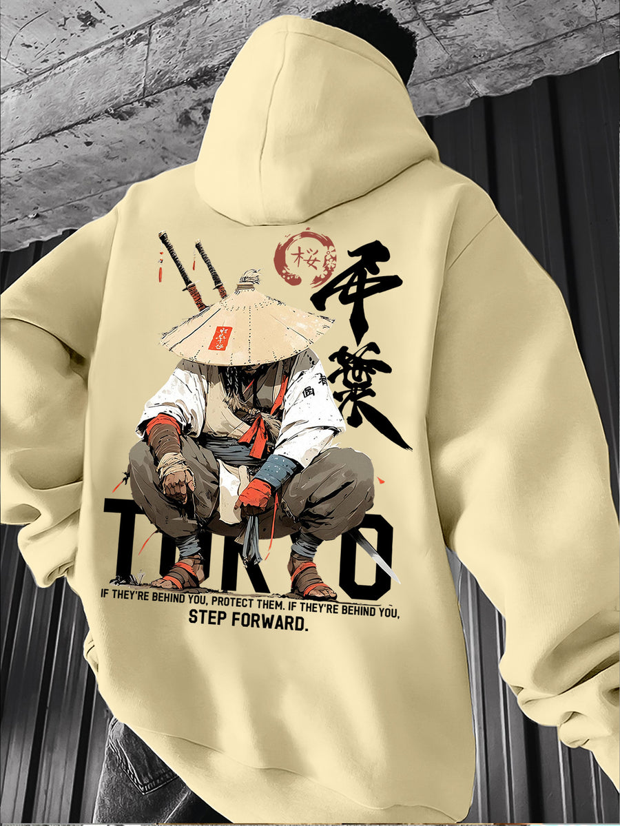 Men's Japanese Ronin Kendo Samurai Hooded Sweatshirt, Printed Hoodie, Trendy Streetwear Vintage Versatile Heavyweight Sweatshirt, Autumn Essentials - Apricot