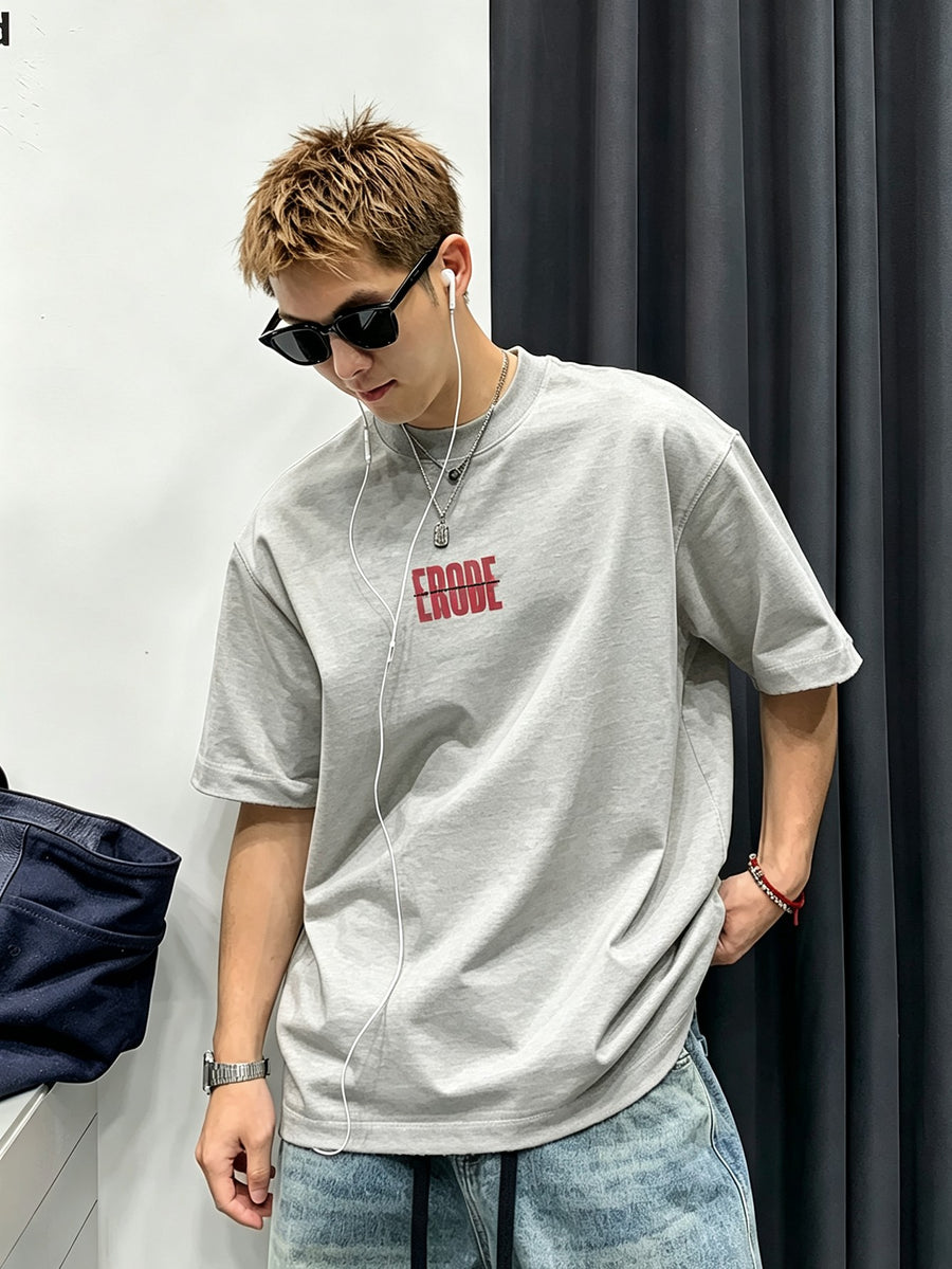American-Style Trendy Short-Sleeved T-Shirt for Men, Summer Wear, Fashionable, Loose Fit, Trendy, Cool, Korean Style, Casual, Versatile, Round Neck, Printed Pattern, Short-Sleeved Top, Sweat-Absorbent, Breathable Sports Shirt - Light Grey