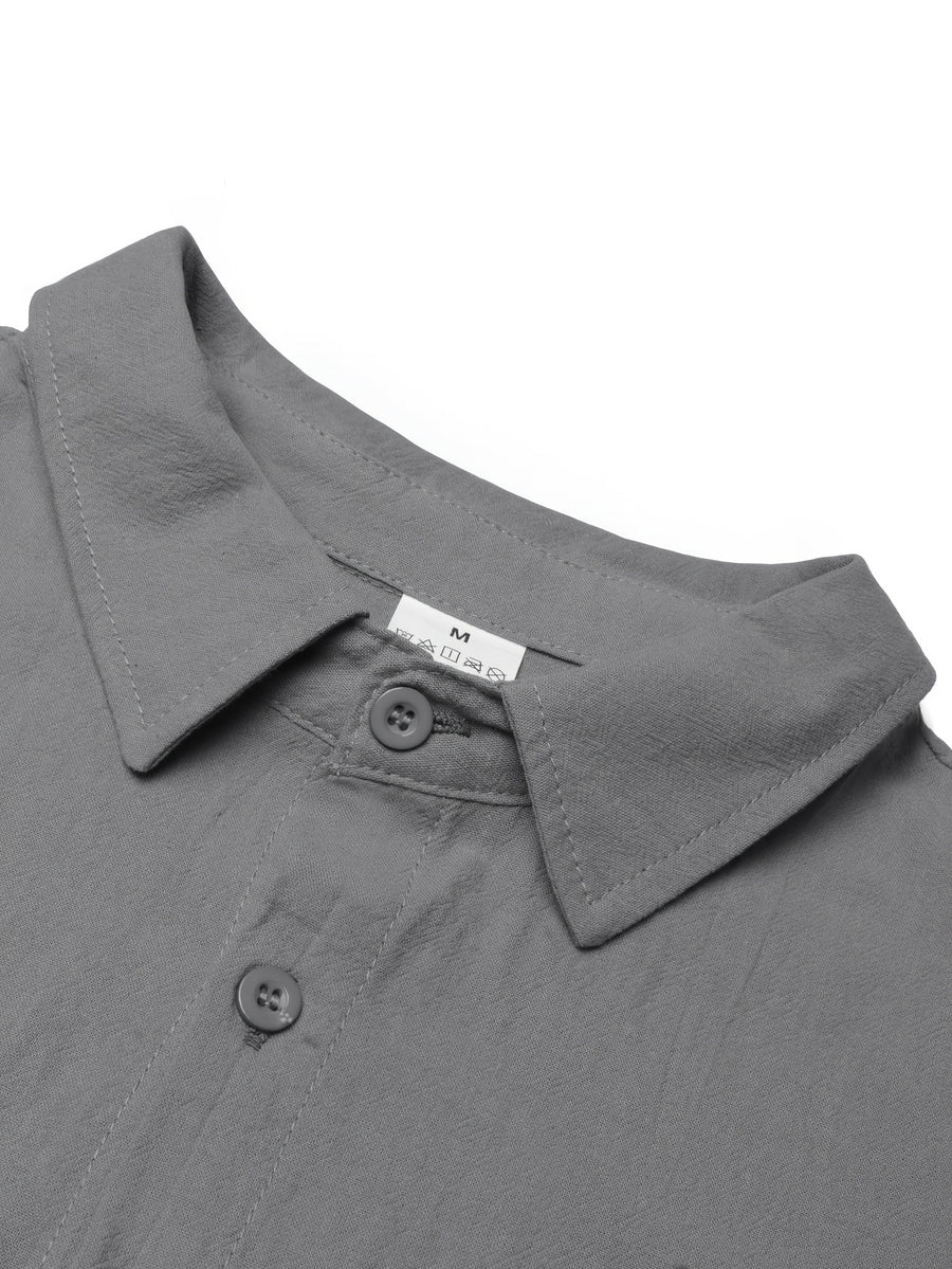 4pcs Set Men's Spring/Autumn New Trendy Fashion Solid Color Linen Long Sleeve Button-Up Lapel Top for Daily Commuting, Outings, Fitness, Vacation, Business, Casual, and Sports - White + black + navy + gray
